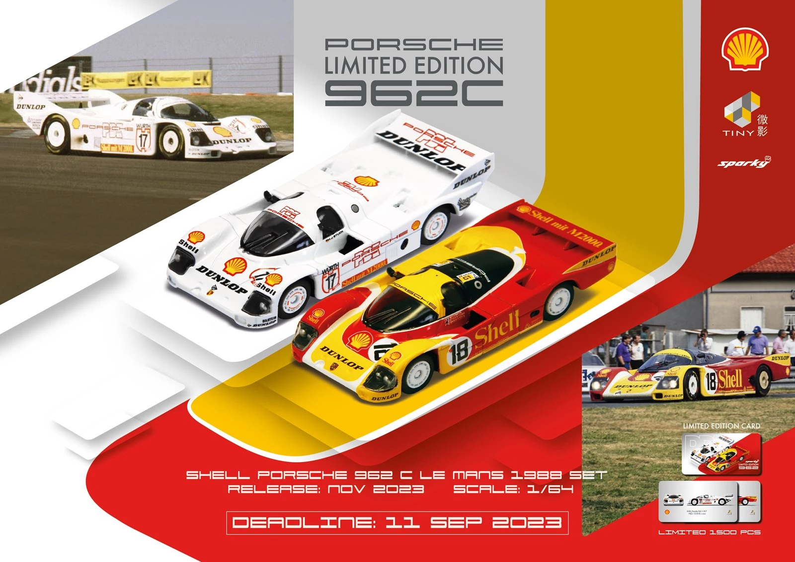 SPARKY 1/64 DIECAST Porsche 962C SHELL COMBO - Le Mans 1988 #18 & DUNLOP  SUPERCUP H.J.STUCK 1987 #17 - Tiny 微影