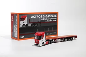 GCD 1:64 Mercedes‑Benz Actros Gigaspace 6x2 Sattelzugmaschine & Scalable Trailer - Red & White (LHD)