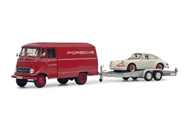SCHUCO 1/43 MBL319 red with car trailer and Porsche 911RS white